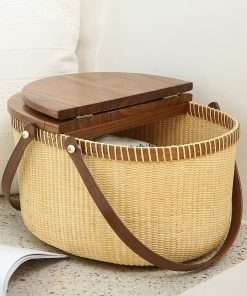 Nantucket Basket Crafts Cane-on-Cane Weave Picnic Basket Shopping Basket Basket Storage Basket Two Swing Handles (Black Walnut Activity Double Open) - 2
