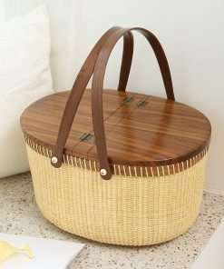Nantucket Basket Crafts Cane-on-Cane Weave Picnic Basket Shopping Basket Basket Storage Basket Two Swing Handles (Black Walnut Activity Double Open) - 6