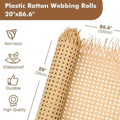 Plastic Cane Webbing Roll 20x86.6, Handwoven PP Synthetic Rattan Rolls, Faux Cane Open Weave Mesh for DIY Furniture Decoration - Beds, Chairs, Cabinets, Ceilings - 2