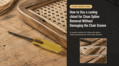 Caning chisel positioned for clean spline removal from a chair groove without frame damage
