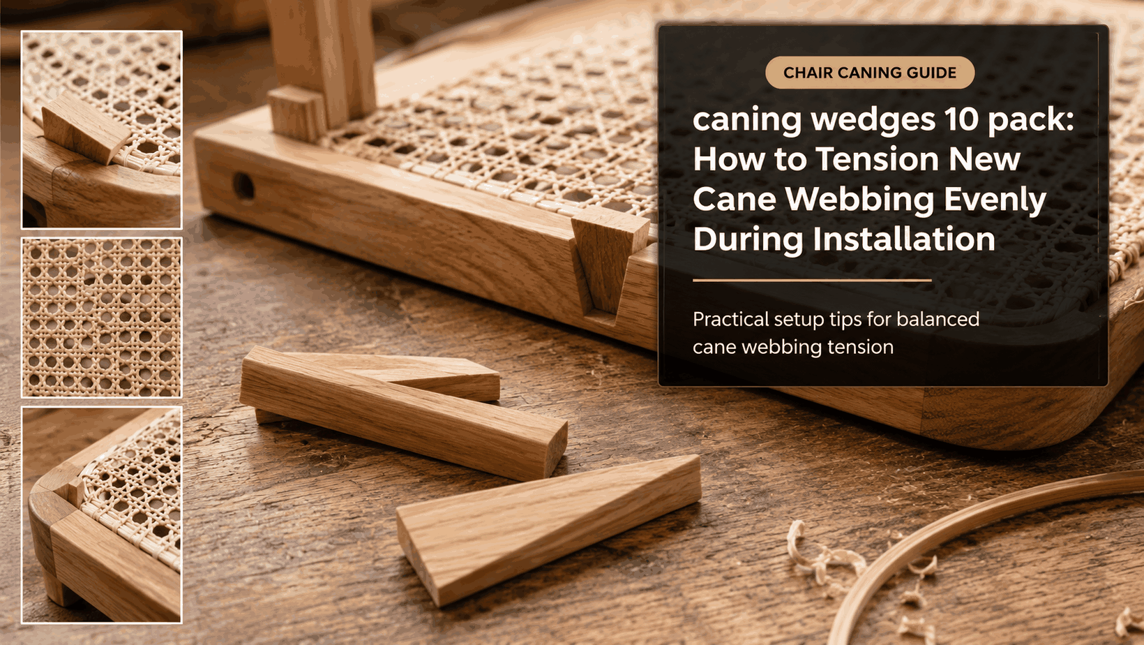 Caning wedges 10 pack positioned evenly to tension new cane webbing during pressed-cane installation