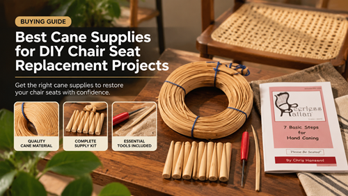 Cane supplies for chair repair arranged for a DIY chair seat replacement project